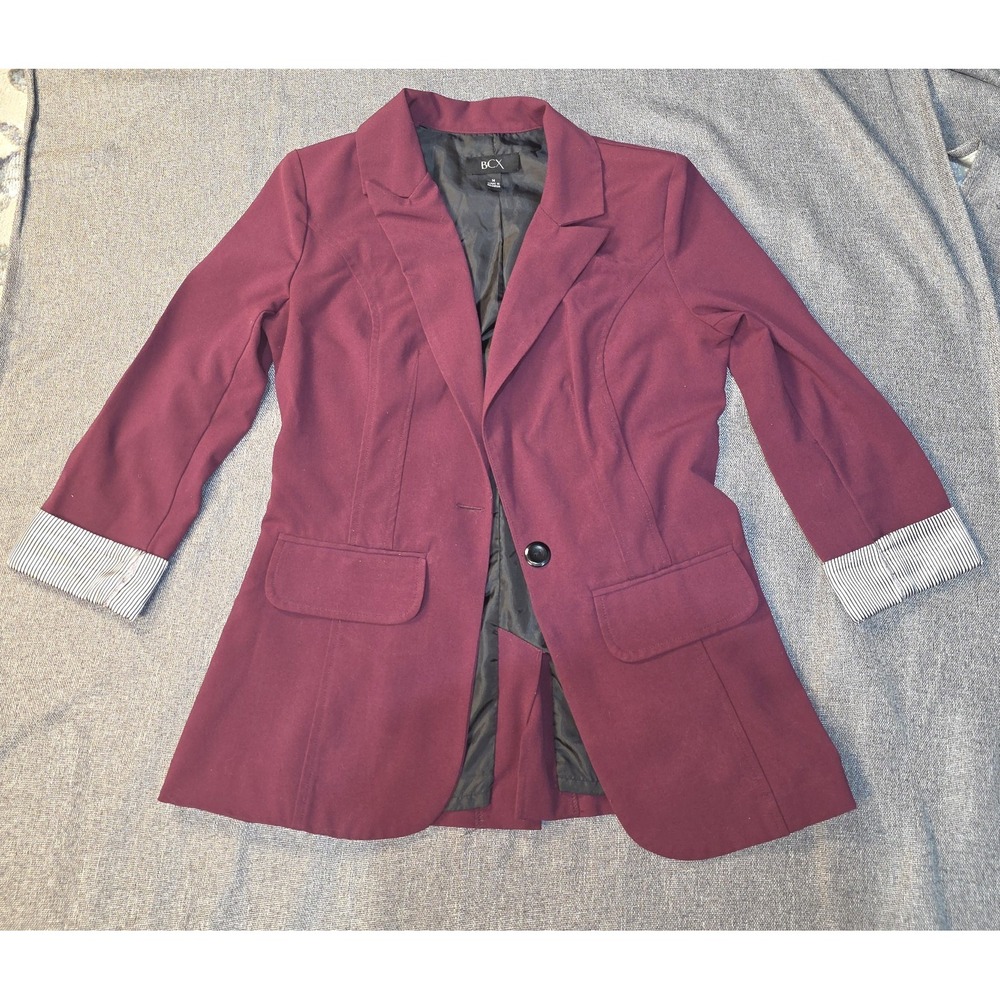 Size M- BCX Women's Burgundy/black/white Long Sleeve Open Suit Jacket